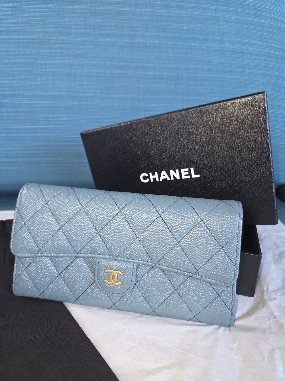 Chanel Quilted Caviar Leather Long Wallet in Light Slate Blue